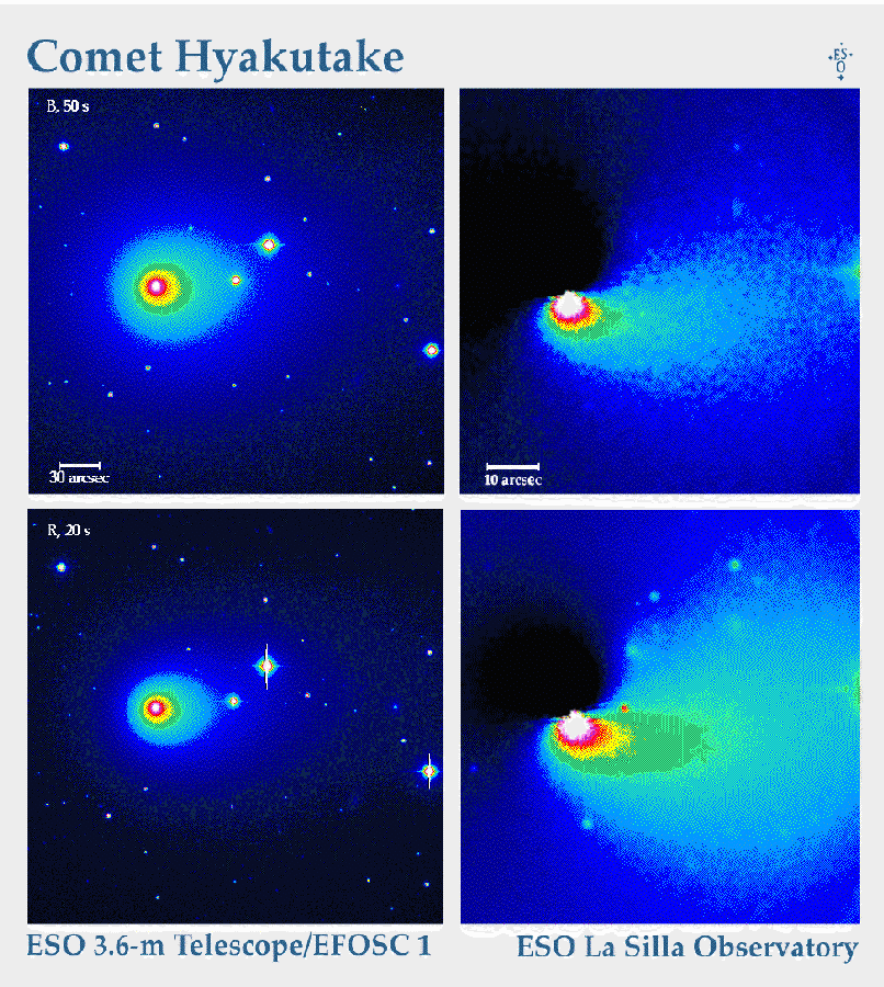 Falschfarbenbilder des Kometen Hyakutake, aufgenommen von der ESO in La Silla am 13.02.1996